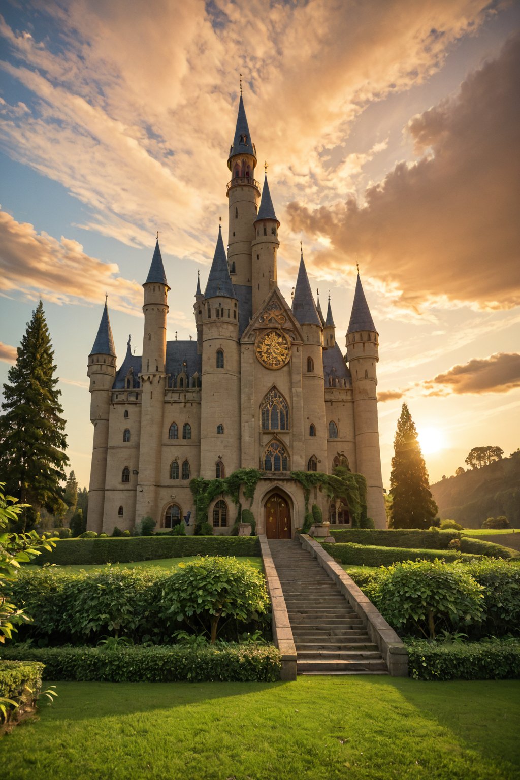 A majestic dream castle rises majestically against a vibrant orange sunset sky, its turrets and towers reaching towards the clouds like giant's fangs. Soft golden lighting wraps around the structure, casting a warm glow on the rolling hills and lush green forests below. The stone walls are adorned with intricate carvings and vines, while a wispy mist swirls at the castle's base, as if the very essence of fantasy lingers nearby.