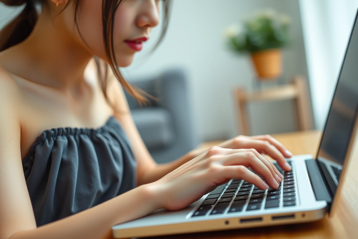 18yo, kawaii, A Japanese young girl, A close-up focusing on a young woman's as she types expertly on a laptop keyboard. Her fingers move swiftly and precisely, The camera zooms in on her, showing her mastery of touch typing. The lighting is soft, emphasizing the hands and the laptop without any distractions in the background. woman's beautiful, room, tube top, cute face, Eye and face details, fine face, 