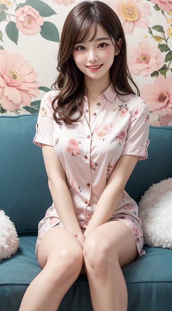 1girl, (A clean appearance, a very cheerful smile, and a radiant sense of happiness), (big round eyes:1.15), (extremely detailed beautiful face), (Cute floral shirt with open chest:1.3), (Best Quality:1.4), (Ultra-detailed), (Ultra realistic, photo-realistic:1.37), beautiful fair skin, extremely detailed CG unified 8k wallpaper, raw photos, professional photograpy, cinematic lighting, (A cute pink floral wallpaper), (sitting on a cute fluffy sofa), spread legs wide open, Staring at me, fashionable, trendy, 