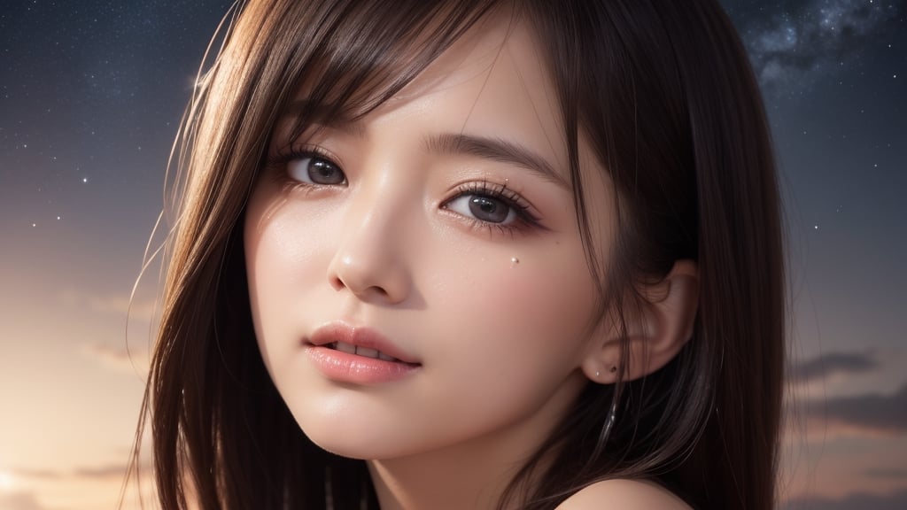 (1girl:1.2), (short bob:1.2), sad expression, Amazing face and eyes, delicate, (Best Quality:1.4), (Ultra-detailed), (extremely detailed beautiful face), brown eyes, (highly detailed Beautiful face), (extremely detailed CG unified 8k wallpaper), Highly detailed, High-definition raw color photos, Professional Photography, Realistic portrait, evening, Extremely high resolution, smiling, modern, trendy, fashionable, starry sky, (looking up at the night sky), tears