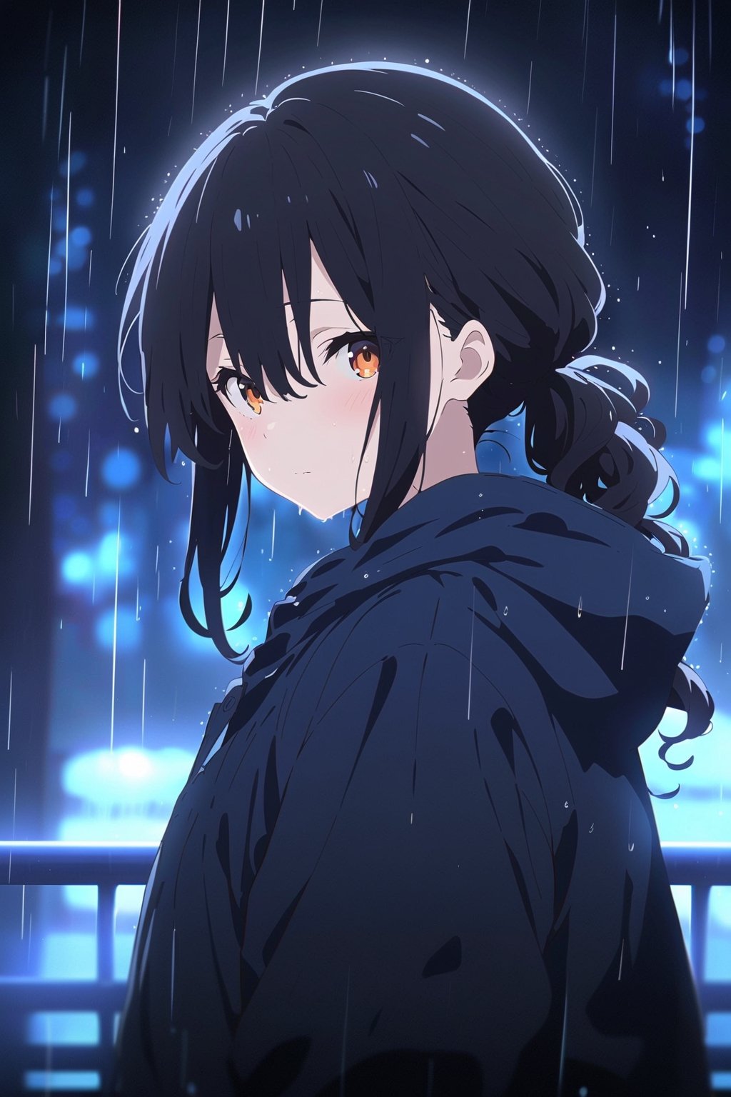  Visual Anime, masterpiece, best quality, 1girl, solo, curly ponytail, looking at viewer, blush, bangs, orange eyes, shirt, hair between eyes, closed mouth, blue rain jacket, dark, hoodie, sweat, upper body, black hair, outdoors, looking back, blurry, tree, blurry background, falling water, rain, overcast, umbrella, anime_screencap, fake_screenshot, dark sky