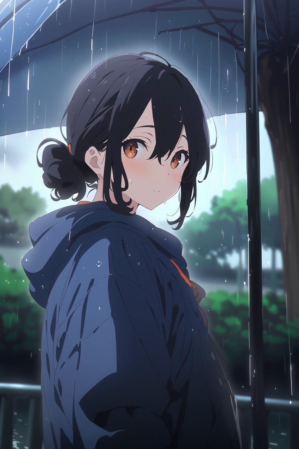  Visual Anime, masterpiece, best quality, 1girl, solo, curly ponytail, looking at viewer, blush, bangs, orange eyes, shirt, hair between eyes, closed mouth, blue rain jacket, dark, hoodie, sweat, upper body, black hair, outdoors, looking back, blurry, tree, blurry background, falling water, rain, overcast, umbrella, anime_screencap, fake_screenshot, dark sky