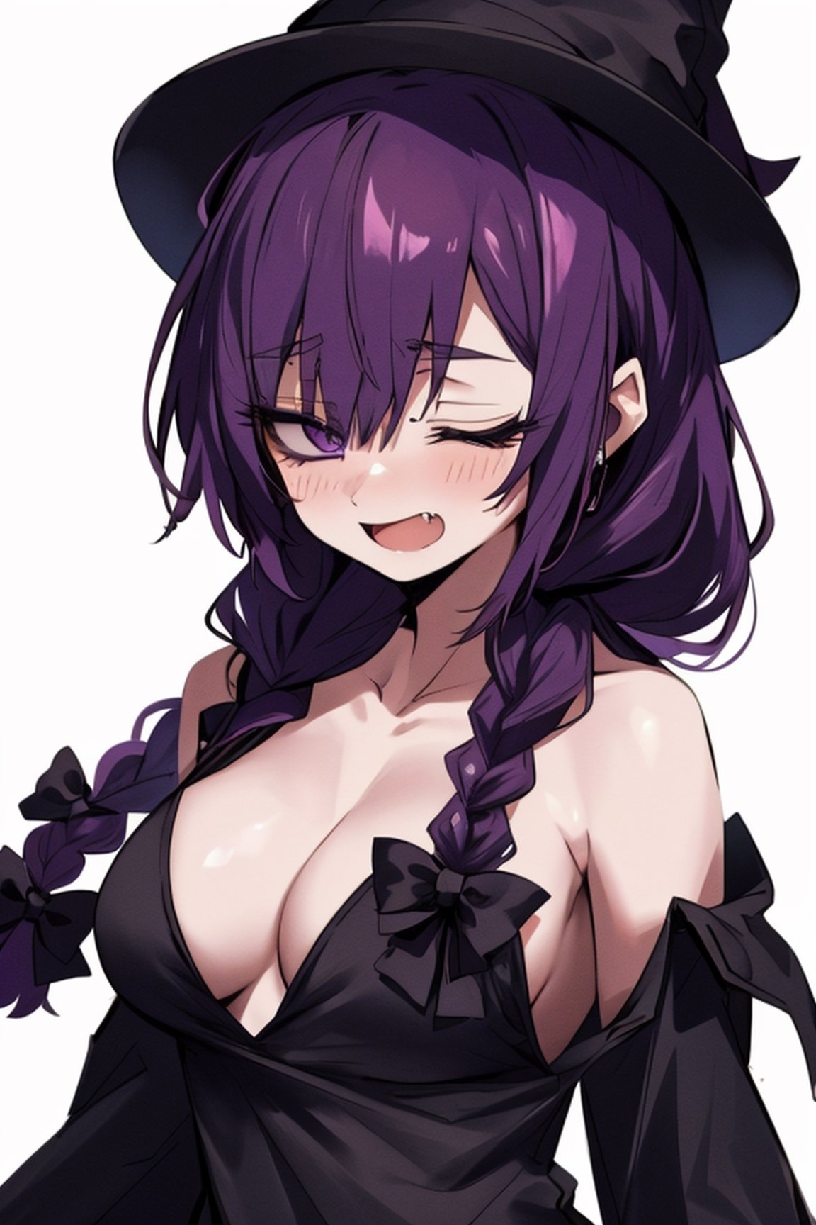 hiroikikuri, , kikuri hiroi, black bow, blunt bangs, braid, closed eyes, fang, hair bow, hair over shoulder, long hair, purple hair, sidelocks, single braid
(masterpiece, best quality, highres:1.3), ultra resolution image, (1girl), (solo), (mascara, eyelashes), large breast, mature body, niji, Halloween girl, Halloween cosplay, blood, terror, embarassed, bloodborne, viewed_from_behind, from_behind, seen from below,Hair over eyes