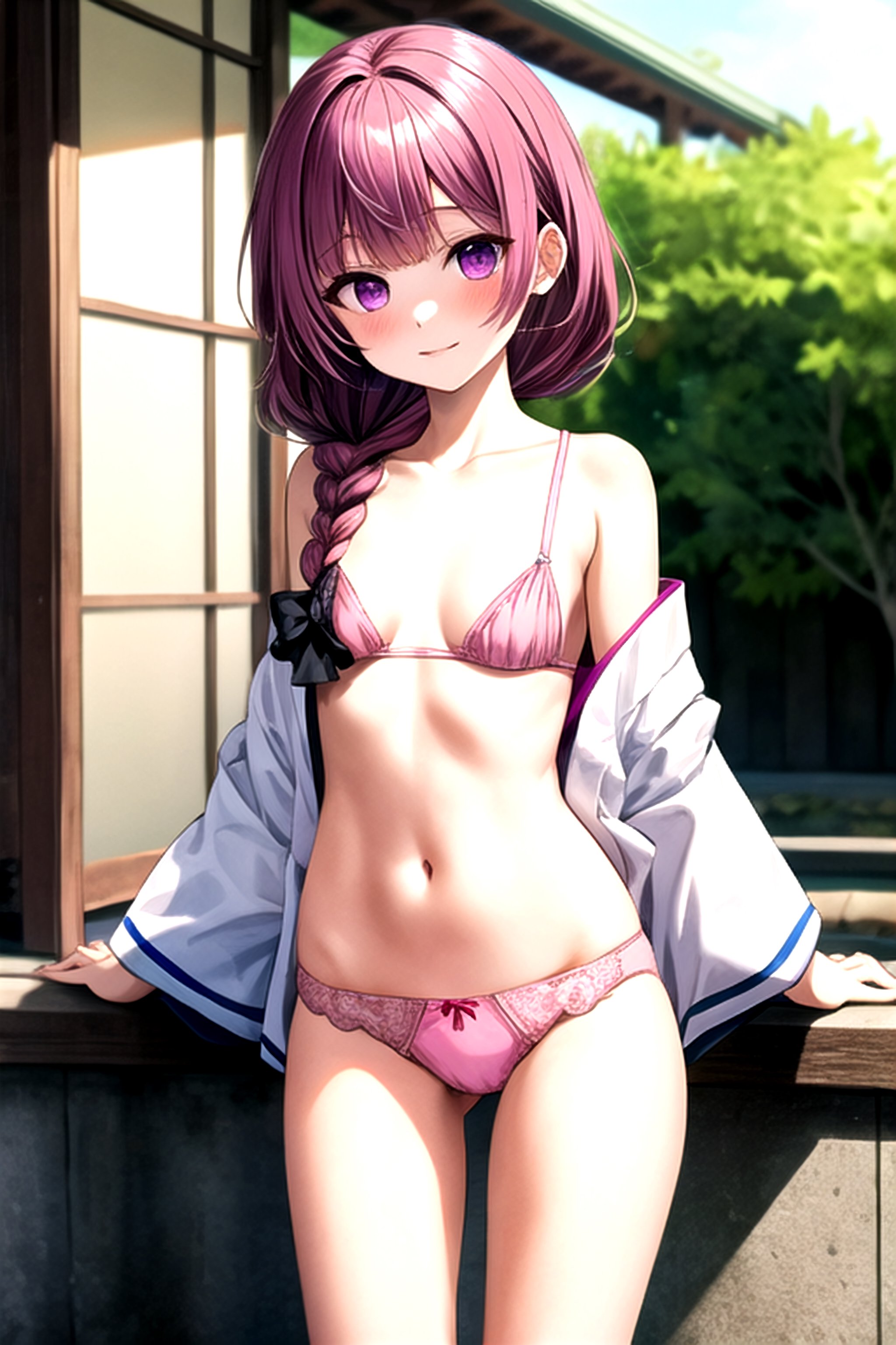 wear the pink panties, medium _breasts, purple hair,PING eyes,cute,tiny girl,japanese ,not tied,Pink Eyes,there is a hint of orange under his hair