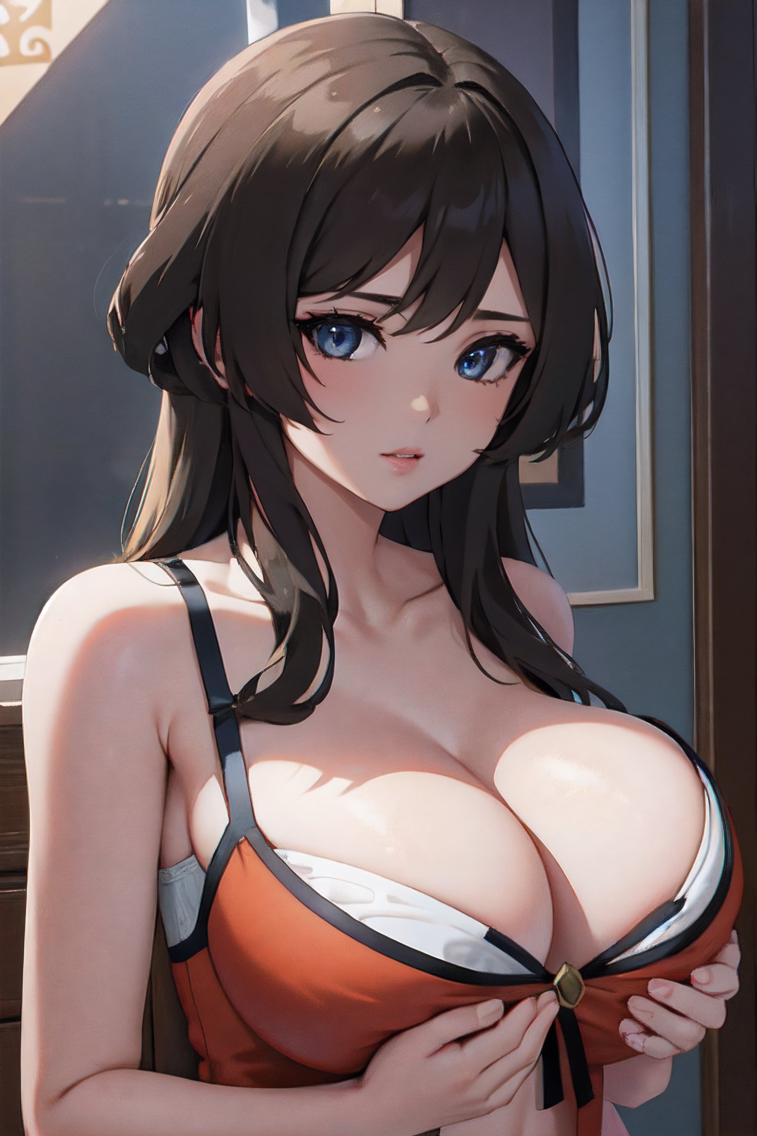 , (black eyes:1.1),  (big chest:1.2), BREAK bikini, BREAK looking at viewer, happy, BREAK outdoors, beach, BREAK , (masterpiece:1.2), best quality, high resolution, unity 8k wallpaper, (illustration:0.8), (beautiful detailed eyes:1.6), extremely detailed face, perfect lighting, extremely detailed CG, (perfect hands, perfect anatomy)