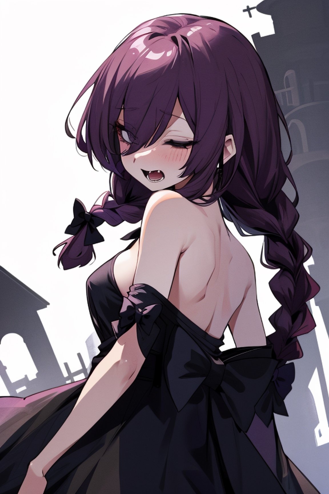 hiroikikuri, , kikuri hiroi, black bow, blunt bangs, braid, closed eyes, fang, hair bow, hair over shoulder, long hair, light purple hair, sidelocks, single braid
(masterpiece, best quality, highres:1.3), ultra resolution image, (1girl), (solo), (mascara, eyelashes), large breast, petite body, niji, Halloween girl, Halloween cosplay, blood on mouth, open mouth,terror, embarassed, bloodborne, viewed_from_behind, from_behind, seen from below,Hair over eyes, castle