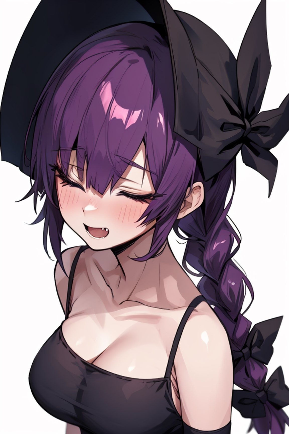 hiroikikuri, , kikuri hiroi, black bow, blunt bangs, braid, closed eyes, fang, hair bow, hair over shoulder, long hair, purple hair, sidelocks, single braid
(masterpiece, best quality, highres:1.3), ultra resolution image, (1girl), (solo), (mascara, eyelashes), large breast, mature body, niji, Halloween girl, Halloween cosplay, blood, terror, embarassed, bloodborne, viewed_from_behind, from_behind, seen from below,Hair over eyes