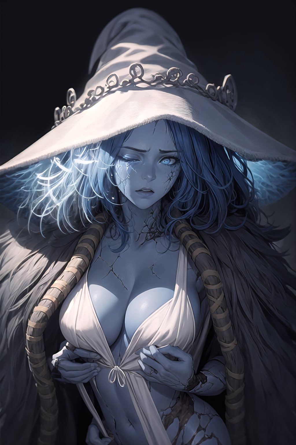 jeanne darc, masterpiece, best quality, absurdres, perfect anatomy, 1girl, solo, blue hair, blue eyes, long_hair, Extremely detailed art style, headpiece, shy, sweating,,ranni,Ranni,MOLESTATION,cracked skin, blue skin, colored skin