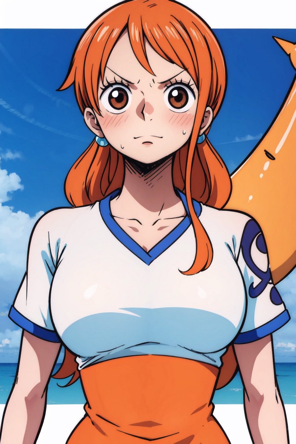 1girl/ orange hair/NamiOP/NamiFinal/ brown big eyes/ one piece/ sawfish tattoo/tan skin, wearing blue and white tshirt