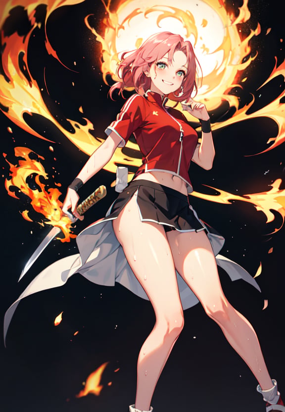 masterpiece, best quality, battlabsurdres, perfect antomy, 1girl, solo,cartoon flames in background, stylized background,tiese sao, sakura bang hair, red hair, long back hair, , ,sakura haruno bang hair, smile, one hand holding sword,sportswear, skirt, wet clothes, glow, thighs,  