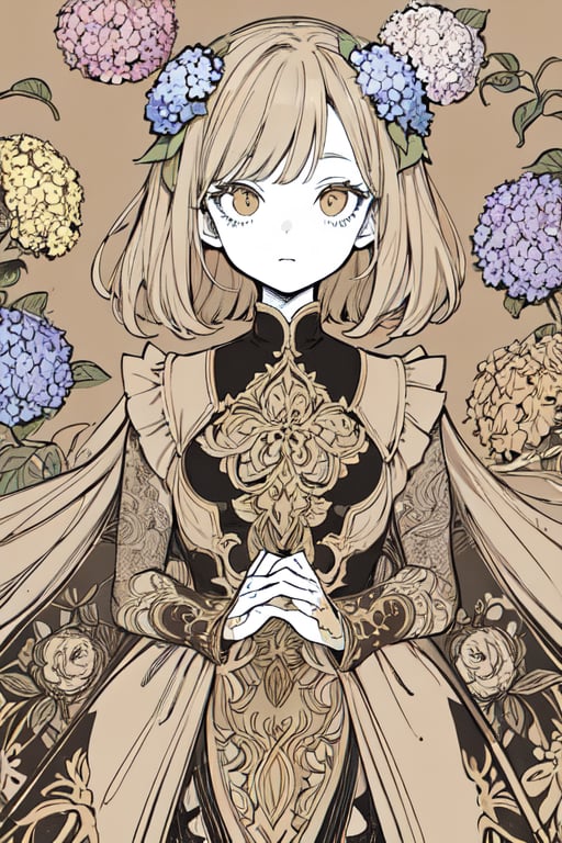 masterpiece, best quality, 1girl, flowers, hydrangea, flat color, lineart, abstract, ornate, brown theme, polychrome