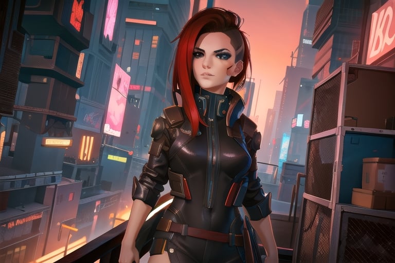 1 girl, red hair, brown eyes, nighty city, cyberpunk,