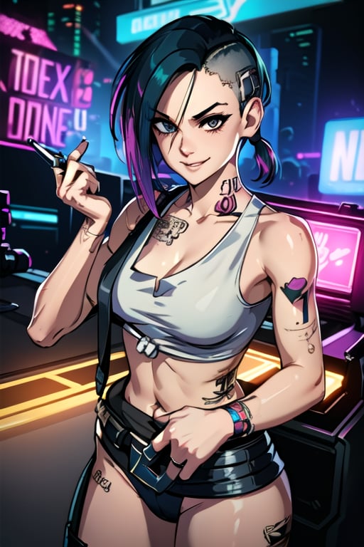 1 Judy, cyberpunk, sexy, tattoos, sexy, badass. Full naked, breasts out, pony tail, tank top, clothed, ,cyberpunk,Detailedface, happy, smile, sexy, cute, smoking, sexy, smiling, 