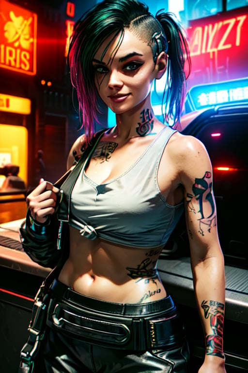 1 Judy, cyberpunk, sexy, tattoos, sexy, badass.  pony tail, tank top, clothed, ,cyberpunk,Detailedface, happy smile, sexy, cute, smoking, sexy,