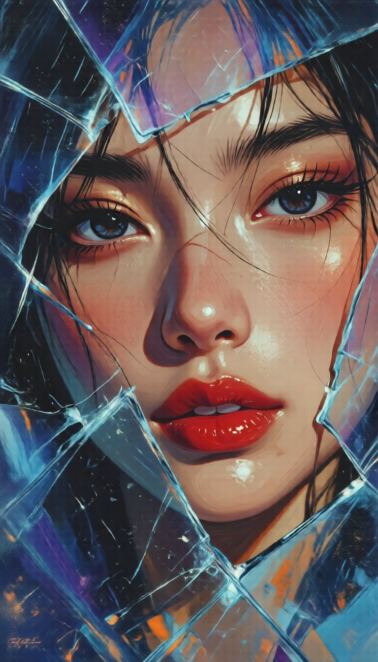 Abstract depictions,  delicate oil brushstrokes,  and bold close-ups. (Foreground: An abstract composition of translucent...