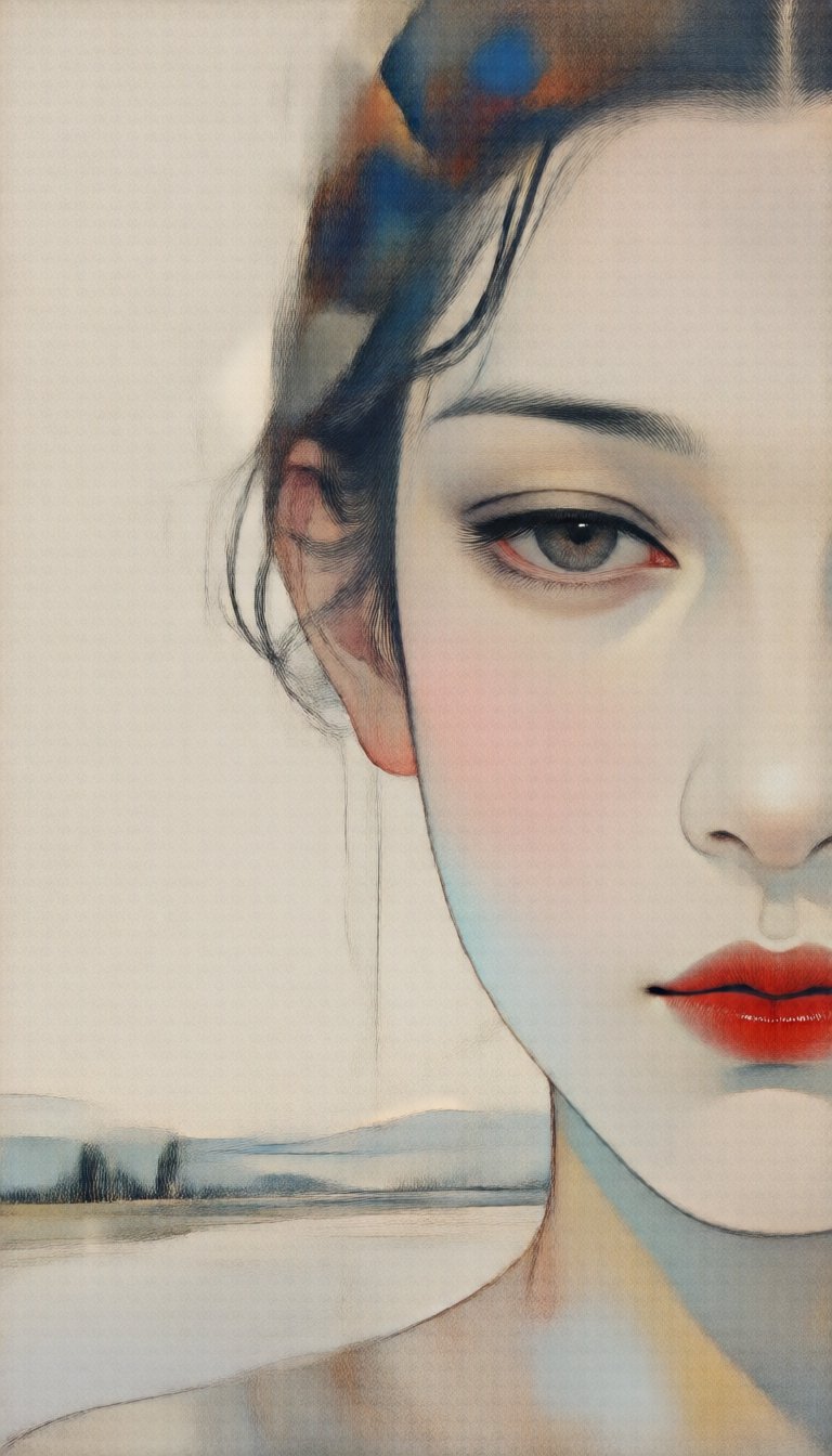 An abstract,  two-dimensional illustration painted with vibrant colors and a minimalist composition. (Extreme close-up por...