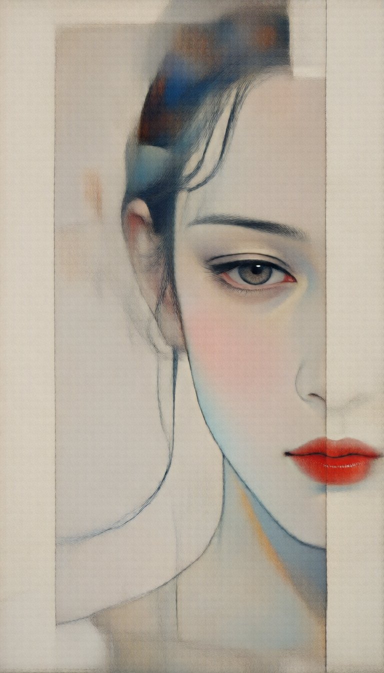 An abstract,  two-dimensional illustration painted with vibrant colors and a minimalist composition. (Extreme close-up por...