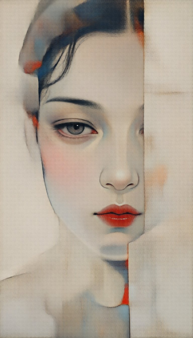 An abstract,  two-dimensional illustration painted with vibrant colors and a minimalist composition. (Extreme close-up por...