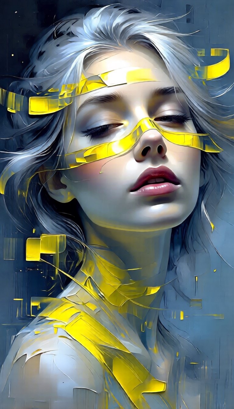 This modern and stylish oil abstract painting is heavily influenced by digital art. The subject is the expressive,  expres...