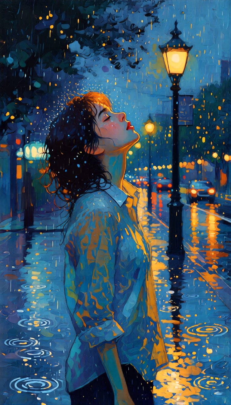 (A dreamlike abstract painting). A young woman,  likely in her twenties,  is standing alone on a street at night. It is ra...