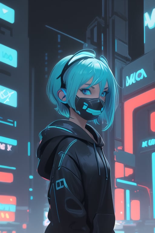 (frontal view, facing viewer:1.2), centered, masterpiece, face portrait, | 1girl, solo, aqua hair color, short hairstyle, light blue eyes, | (neon wireless headphones headset:1.2), (black neon futuristic mouth mask:1.2), dark blue hoodie, | futuristic city lights, sunset, buildings, urban scenery, neon lights | bokeh, depth of field,