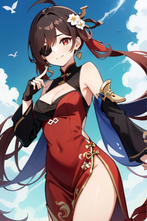 beidou(genshin impact), smile, one eye covered, brown hair, cleavage, bird, eyepatch, solo, hair over one eye, sky, fingerless gloves, thighs, black gloves, red eyes, outdoors, hair ornament, jewelry, dress, earrings, gloves, day, cloud, long hair, looking at viewer, red dress, blue sky, pelvic curtain, chinese clothes, 1girl, hairpin

