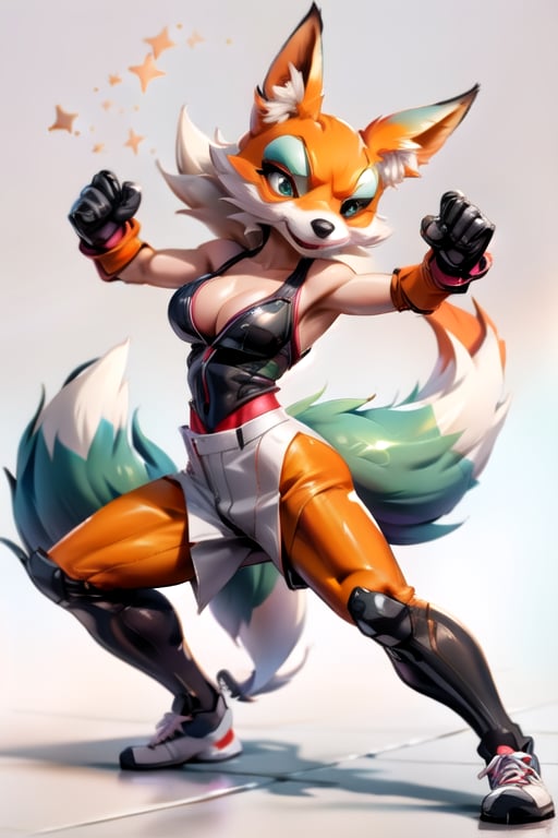 Make design, a fox doing karate,nice art,8k,has muscle, active background, colorful,perfect art,frog wearing white,(cleavage)