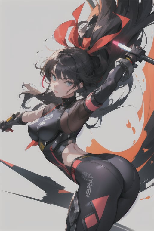 Make design, 1 girl , 20yo,doing ninja move,nice art,8k,medium_breasts, hold weapons, active background, colorful,perfect art,wearing white,war Mode,add some mech,detailed skin,perfect eyes.