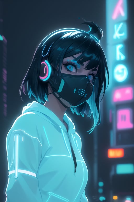 (frontal view, facing viewer:1.2), centered, masterpiece, face portrait, | 1girl, solo, aqua hair color, short hairstyle, light blue eyes, | (neon wireless headphones headset:1.2), (black neon futuristic mouth mask:1.2), dark blue hoodie, | futuristic city lights, sunset, buildings, urban scenery, neon lights | bokeh, depth of field,