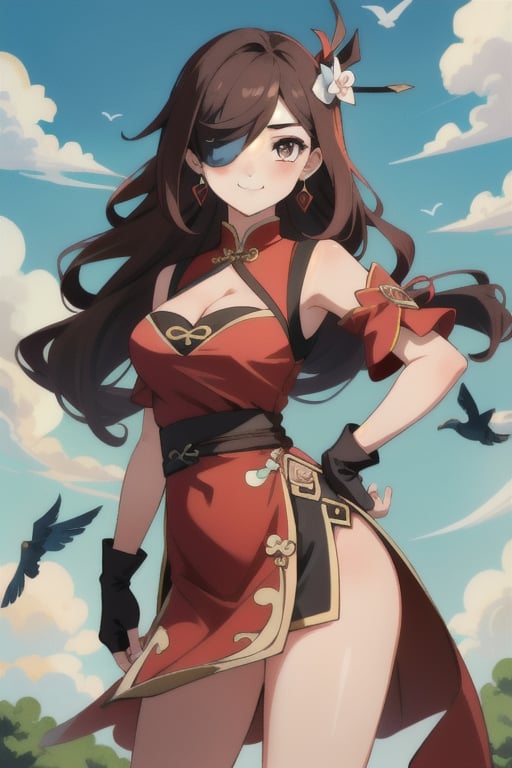 beidou(genshin impact), smile, one eye covered, brown hair, cleavage, bird, eyepatch, solo, hair over one eye, sky, fingerless gloves, thighs, black gloves, red eyes, outdoors, hair ornament, jewelry, dress, earrings, gloves, day, cloud, long hair, looking at viewer, red dress, blue sky, pelvic curtain, chinese clothes, 1girl, hairpin

