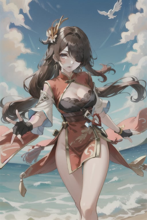 beidou(genshin impact), smile, one eye covered, brown hair, cleavage, bird, eyepatch, solo, hair over one eye, sky, fingerless gloves, thighs, black gloves, red eyes, outdoors, hair ornament, jewelry, dress, earrings, gloves, day, cloud, long hair, looking at viewer, red dress, blue sky, pelvic curtain, chinese clothes, 1girl, hairpin

