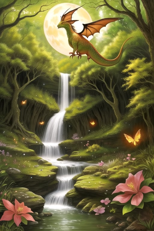 Design an enchanting fantasy forest scene with a majestic waterfall as its centerpiece. The forest should be vibrant and teeming with life, featuring colorful and otherworldly flora and fauna. There should be a sense of magical realism, with ethereal creatures like glowing fireflies, gentle woodland spirits, and gracefully soaring dragons. The image should be set during a magical twilight, with the soft glow of the moon and stars illuminating the surroundings. The level of detail should be extraordinary, resembling a hand-painted masterpiece, and the resolution should be 8k to make it suitable as a stunning desktop wallpaper