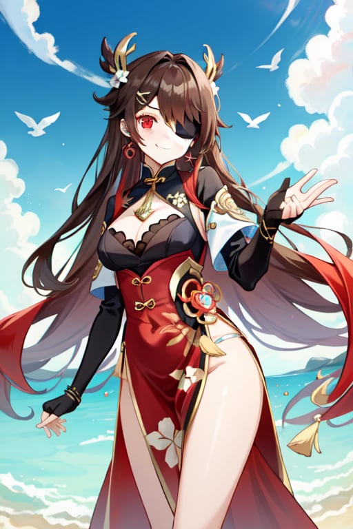 beidou(genshin impact), smile, one eye covered, brown hair, cleavage, bird, eyepatch, solo, hair over one eye, sky, fingerless gloves, thighs, black gloves, red eyes, outdoors, hair ornament, jewelry, dress, earrings, gloves, day, cloud, long hair, looking at viewer, red dress, blue sky, pelvic curtain, chinese clothes, 1girl, hairpin

