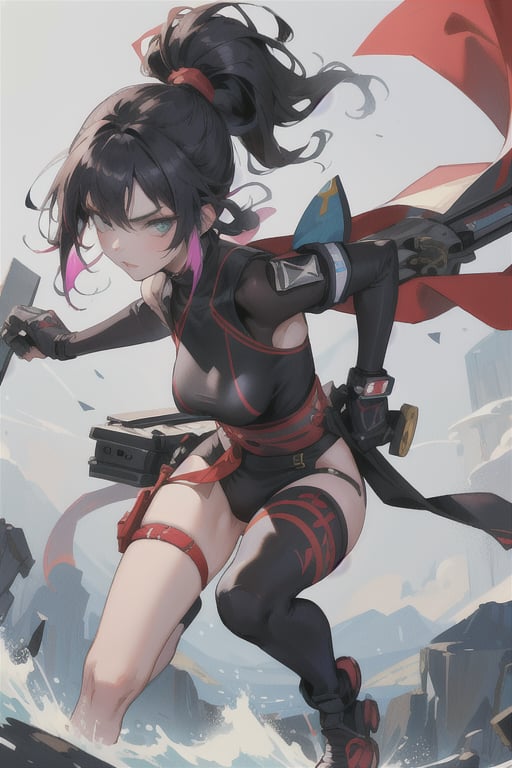 Make design, 1 girl , 20yo,doing ninja move,nice art,8k,medium_breasts, hold weapons, active background, colorful,perfect art,wearing white,war Mode,add some mech,detailed skin,