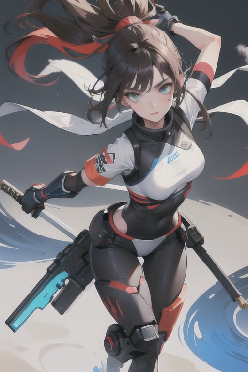 Make design, 1 girl , 20yo,doing ninja move,nice art,8k,medium_breasts, hold weapons, active background, colorful,perfect art,wearing white,war Mode,add some mech,detailed skin,