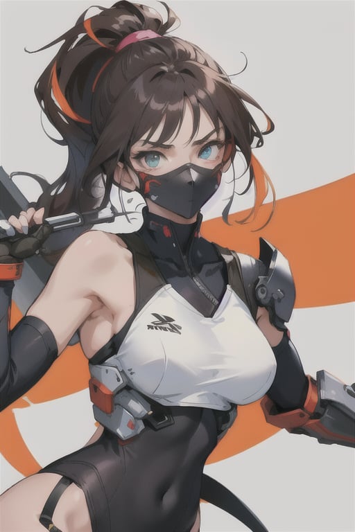 Make design, 1 girl , 20yo,doing ninja move,nice art,8k,medium_breasts, hold weapons, active background, colorful,perfect art,wearing white,war Mode,add some mech,detailed skin,