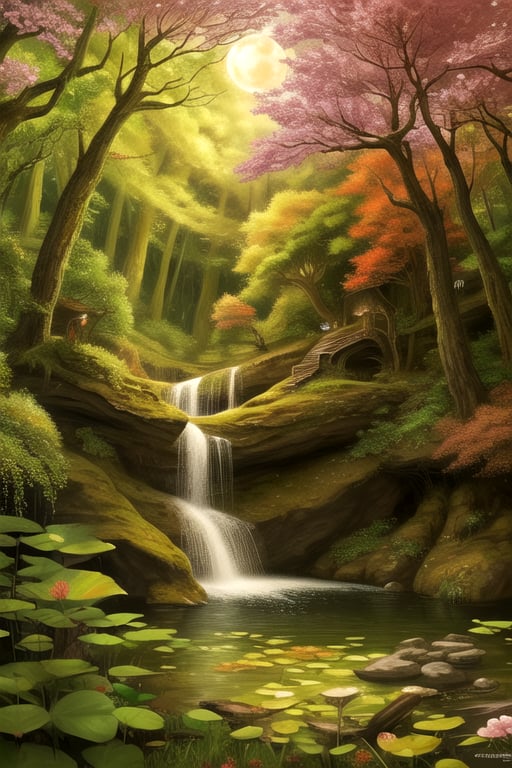 Design an enchanting fantasy forest scene with a majestic waterfall as its centerpiece. The forest should be vibrant and teeming with life, featuring colorful and otherworldly flora and fauna. There should be a sense of magical realism, with ethereal creatures like glowing fireflies, gentle woodland spirits, and gracefully soaring dragons. The image should be set during a magical twilight, with the soft glow of the moon and stars illuminating the surroundings. The level of detail should be extraordinary, resembling a hand-painted masterpiece, and the resolution should be 8k to make it suitable as a stunning desktop wallpaper