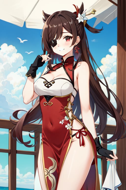 beidou(genshin impact), smile, one eye covered, brown hair, cleavage, bird, eyepatch, solo, hair over one eye, sky, fingerless gloves, thighs, black gloves, red eyes, outdoors, hair ornament, jewelry, dress, earrings, gloves, day, cloud, long hair, looking at viewer, red dress, blue sky, pelvic curtain, chinese clothes, 1girl, hairpin

