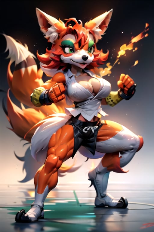 Make design, a fox doing karate,nice art,8k,has muscle, active background, colorful,perfect art,frog wearing white,(cleavage)