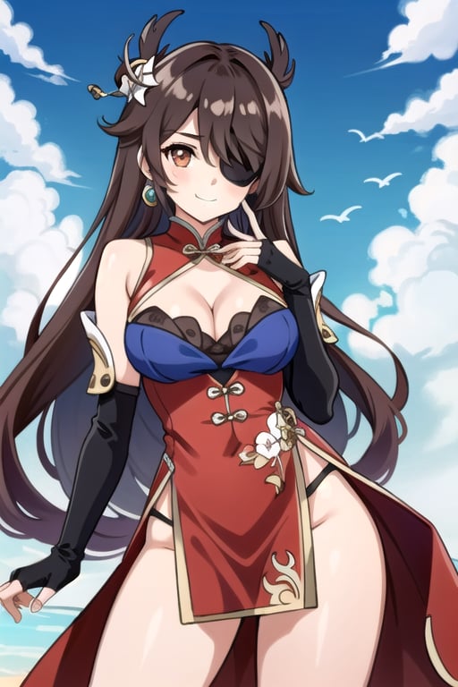 beidou(genshin impact), smile, one eye covered, brown hair, cleavage, bird, eyepatch, solo, hair over one eye, sky, fingerless gloves, thighs, black gloves, red eyes, outdoors, hair ornament, jewelry, dress, earrings, gloves, day, cloud, long hair, looking at viewer, red dress, blue sky, pelvic curtain, chinese clothes, 1girl, hairpin

