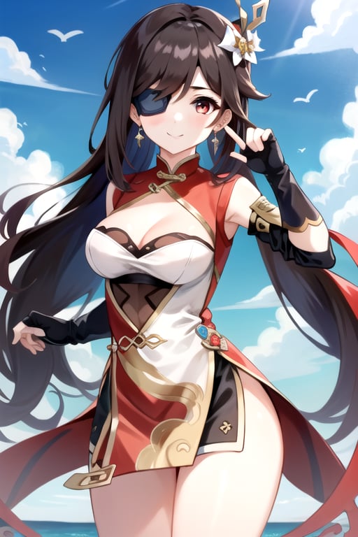 beidou(genshin impact), smile, one eye covered, brown hair, cleavage, bird, eyepatch, solo, hair over one eye, sky, fingerless gloves, thighs, black gloves, red eyes, outdoors, hair ornament, jewelry, dress, earrings, gloves, day, cloud, long hair, looking at viewer, red dress, blue sky, pelvic curtain, chinese clothes, 1girl, hairpin

