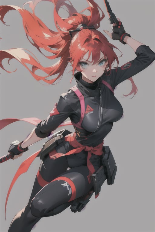 Make design, 1 girl , 20yo,doing ninja move,nice art,8k,medium_breasts, hold weapons, active background, colorful,perfect art,wearing white,war Mode,add some mech,detailed skin,perfect eyes.