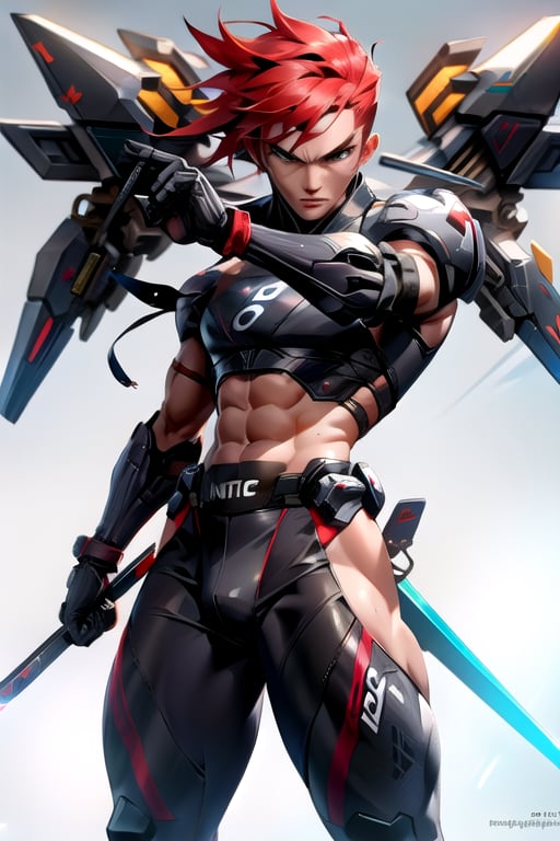 Make design, 1 man, 20yo,doing ninja move,nice art,8k,has muscle, hold weapons, active background, colorful,perfect art,wearing white,war Mode,add some mech