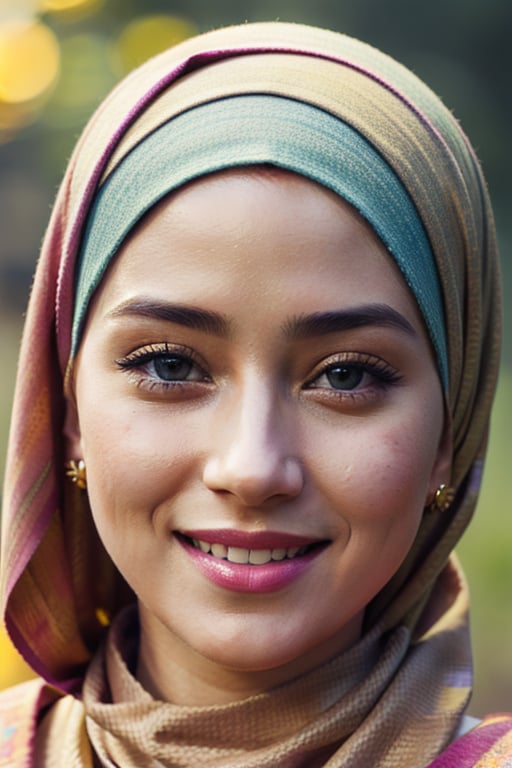 masterpiece,1 girl, (colorful), (finely detailed beautiful eyes and detailed face) ,cinematic lighting, bust shot, extremely detailed CG unity 8k wallpaper, (a Muslim), Beautiful smile, full cover Hijab

