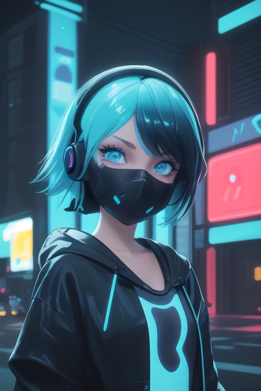 (frontal view, facing viewer:1.2), centered, masterpiece, face portrait, | 1girl, solo, aqua hair color, short hairstyle, light blue eyes, | (neon wireless headphones headset:1.2), (black neon futuristic mouth mask:1.2), dark blue hoodie, | futuristic city lights, sunset, buildings, urban scenery, neon lights | bokeh, depth of field,