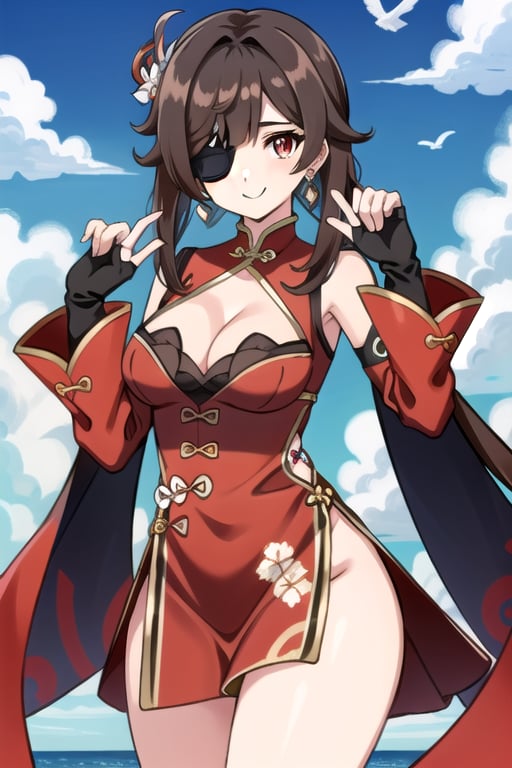 beidou(genshin impact), smile, one eye covered, brown hair, cleavage, bird, eyepatch, solo, hair over one eye, sky, fingerless gloves, thighs, black gloves, red eyes, outdoors, hair ornament, jewelry, dress, earrings, gloves, day, cloud, long hair, looking at viewer, red dress, blue sky, pelvic curtain, chinese clothes, 1girl, hairpin

