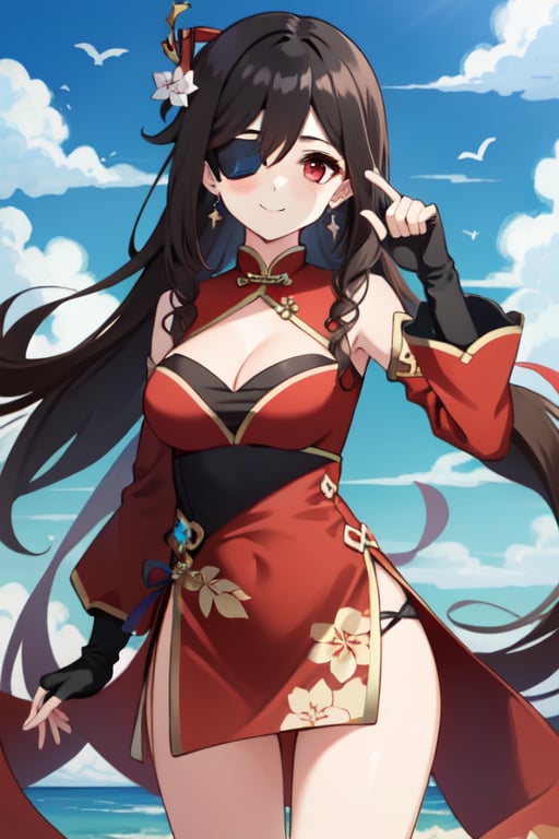 beidou(genshin impact), smile, one eye covered, brown hair, cleavage, bird, eyepatch, solo, hair over one eye, sky, fingerless gloves, thighs, black gloves, red eyes, outdoors, hair ornament, jewelry, dress, earrings, gloves, day, cloud, long hair, looking at viewer, red dress, blue sky, pelvic curtain, chinese clothes, 1girl, hairpin

