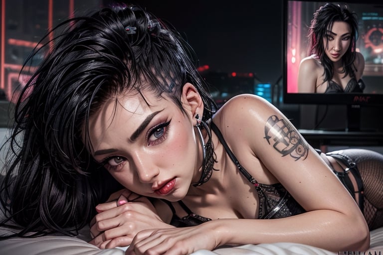 1 girl, small breasts, close up face, looking at viewer, open smile, fishnet bra septum piercing ,red lips, half shaved head, ear piercings, heavy make-up, heavy make-up, 3 metal fingers, cyber eye, cyberpunk outfit, cyberpunk tight leotard, giant tv screens turned on, sexy, hair, large wrist device computer, bathroom tiles, cyberpunk bedroom, cyberpunk furniture, Binary tattoo , bed room, bed, pillow, selife,