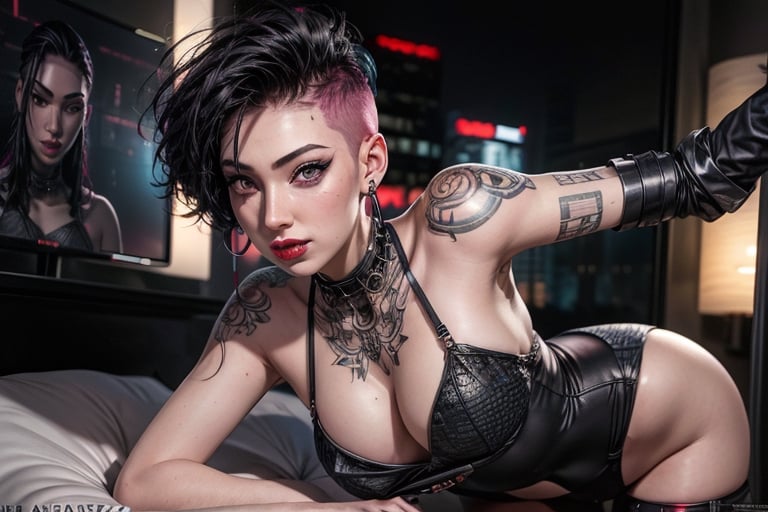 1 girl, small breasts, close up face, looking at viewer, open smile, fishnet bra septum piercing ,red lips, half shaved head, ear piercings, heavy make-up, heavy make-up, 3 metal fingers, cyber eye, cyberpunk outfit, cyberpunk tight leotard, giant tv screens turned on, sexy, hair, large wrist device computer, bathroom tiles, cyberpunk bedroom, cyberpunk furniture, Binary tattoo , bed room, bed, pillow, selife,