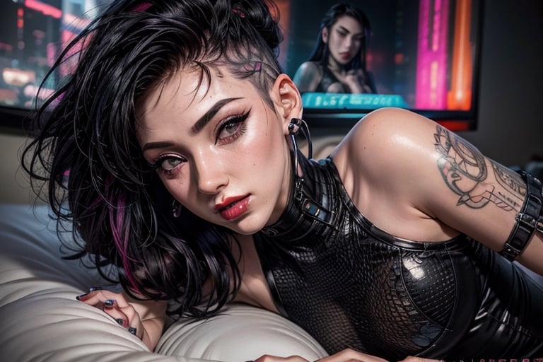 1 girl, small breasts, close up face, looking at viewer, open smile, fishnet bra septum piercing ,red lips, half shaved head, ear piercings, heavy make-up, heavy make-up, 3 metal fingers, cyber eye, cyberpunk outfit, cyberpunk tight leotard, giant tv screens turned on, sexy, hair, large wrist device computer, bathroom tiles, cyberpunk bedroom, cyberpunk furniture, Binary tattoo , bed room, bed, pillow, selife,